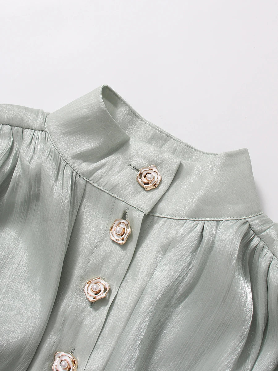 TWOTWINSTYLE Elegant Green Ruffle Mini Dress for Women Stand Collar Puff Sleeve Pleated Waist Button Accent for Birthday Parties