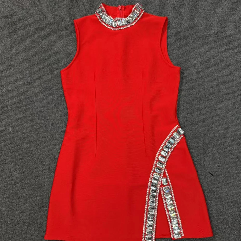 TWOTWINSTYLE Solid Slimming Temperament Dresses for Women Round Neck Sleeveless Patchwork Diamonds Dress Female Fashion Clothes