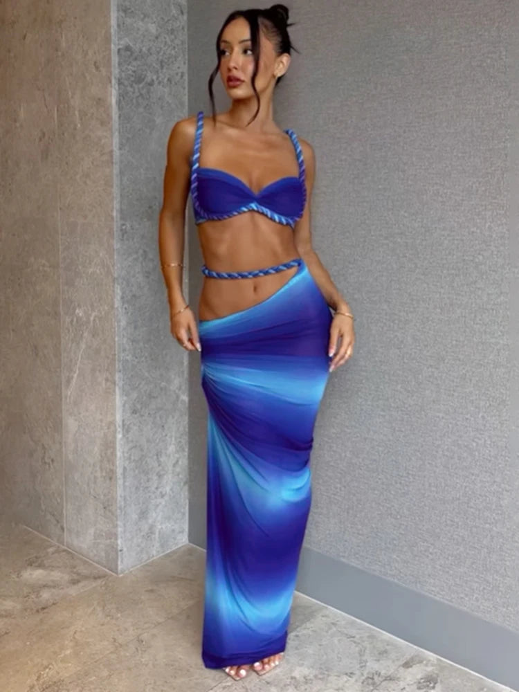 Cutenew Woven Matching Women 2 Piece Sexy Vacation Outfits Pleated Crop Camis+Shirring High Waist Maxi Skirts Solid Mujer Sets