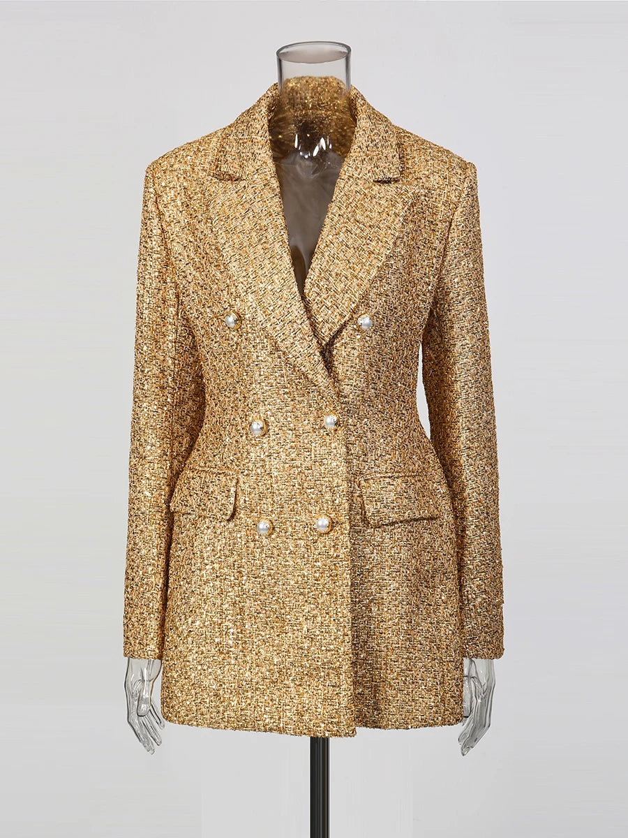 TWOTWINSTYLE Gold Slimming Spliced Double Breasted Fashion Blazers for Women Lapel Long Sleeves Tunic Temperament Blazer Female