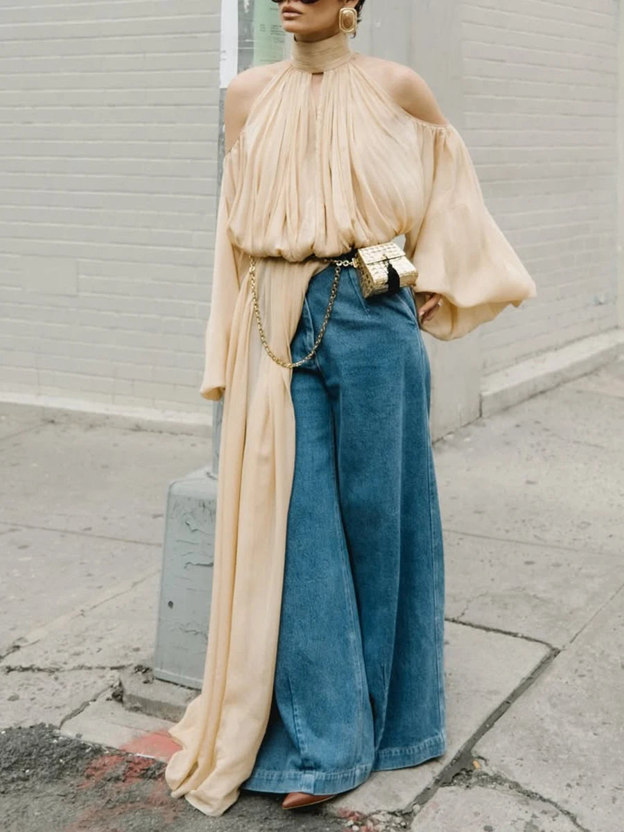 TWOTWINSTYLE Fashion Apricot Turtleneck Ruched Accent Blouse for Women Off The Shoulder Oversized Sleeve Top for Street Style