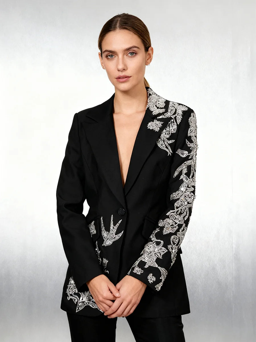 TWOTWINSTYLE Fashion Spliced Beading Temperament Blazers for Women Lapel Long Sleeves Tunic Elegant Blazer Female Clothing New