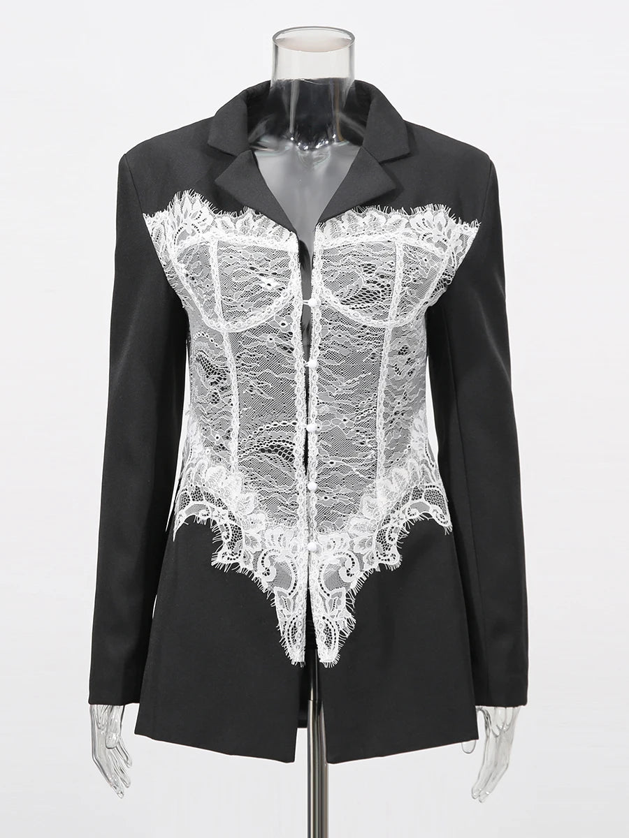 TWOTWINSTYLE Colorblock Temperament Spliced Lace Slimming Blazer for Women V Collar Long Sleeves Coat Female Fashion Clothing